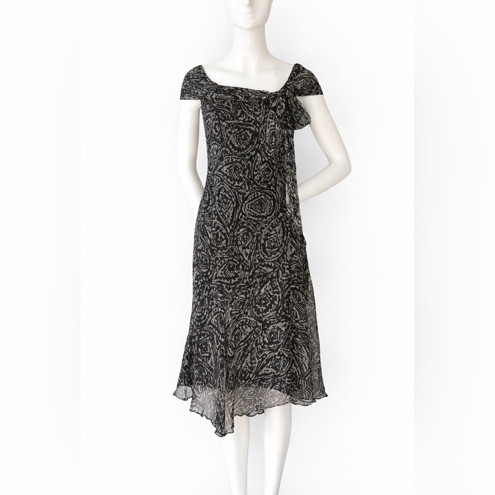 Max Mara Silk Midi Dress Black Grey Asymmetrical Hem Italy